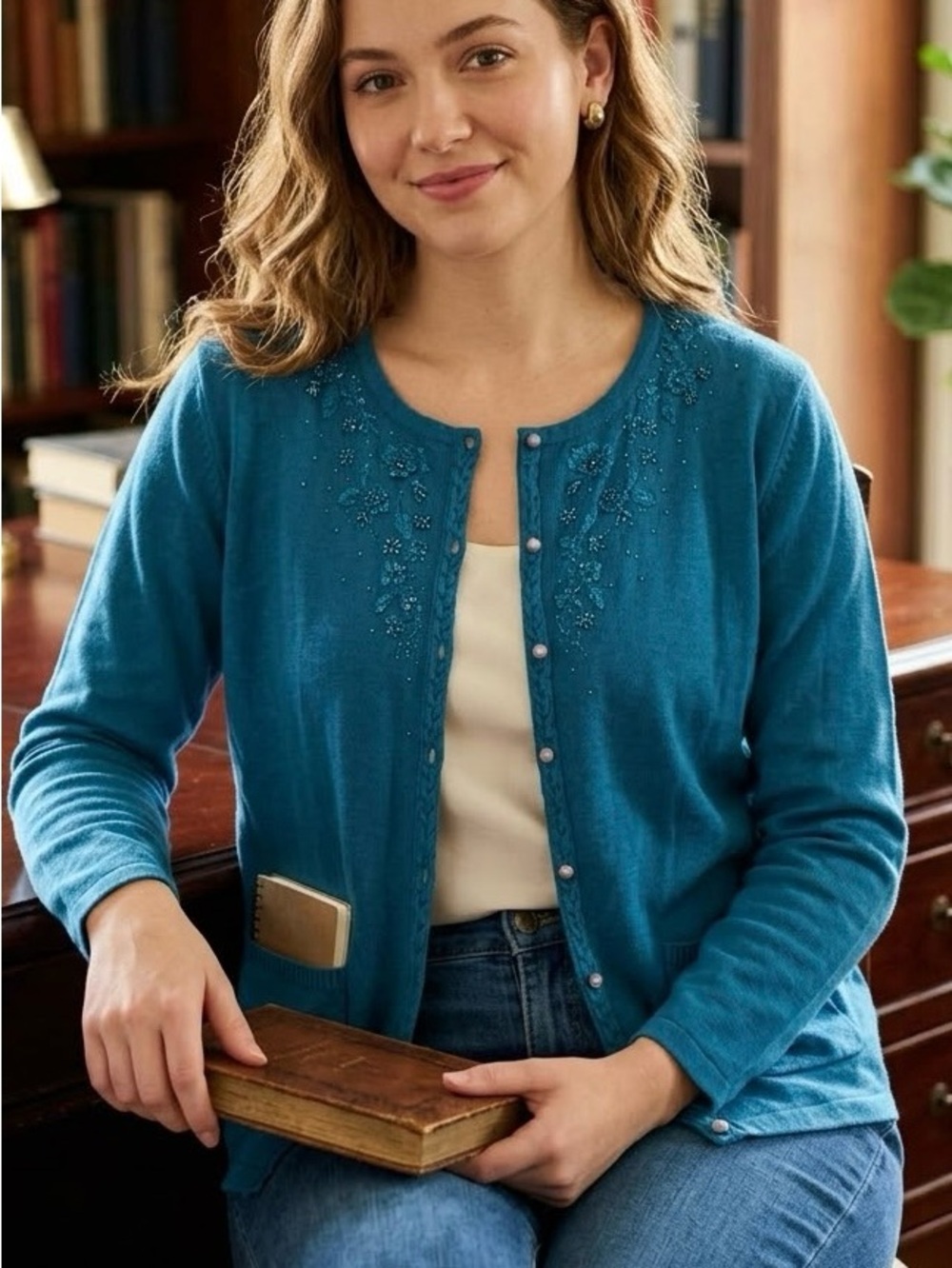 La Madona Teal Beaded Floral Embellished Cardigan Sweater Grandmacore Preppy
